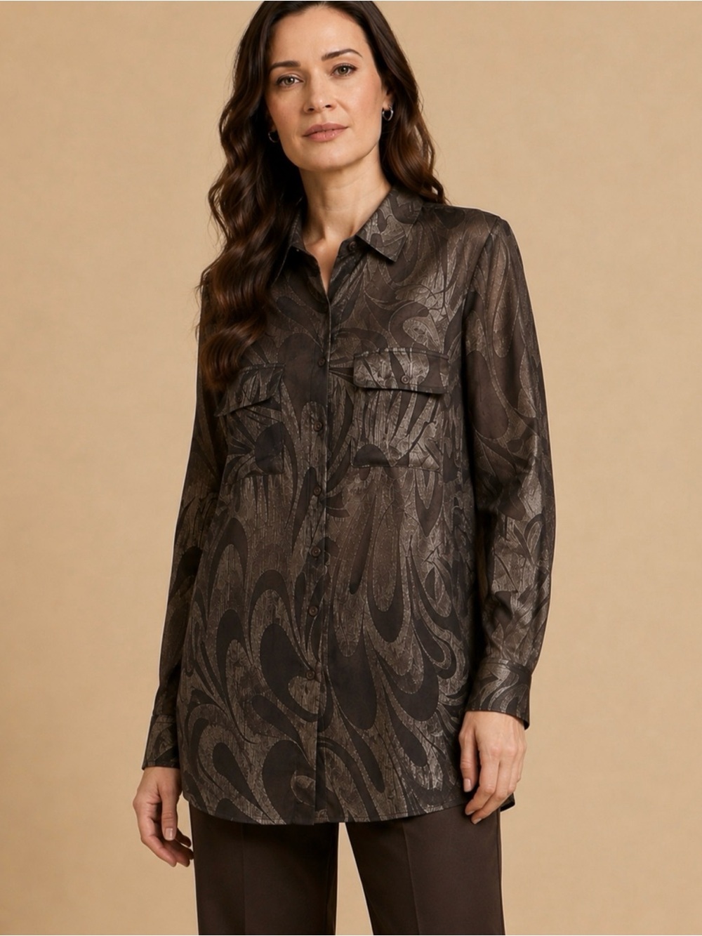 Alberto Makali Brown Abstract Sheer Metallic Button Front Blouse